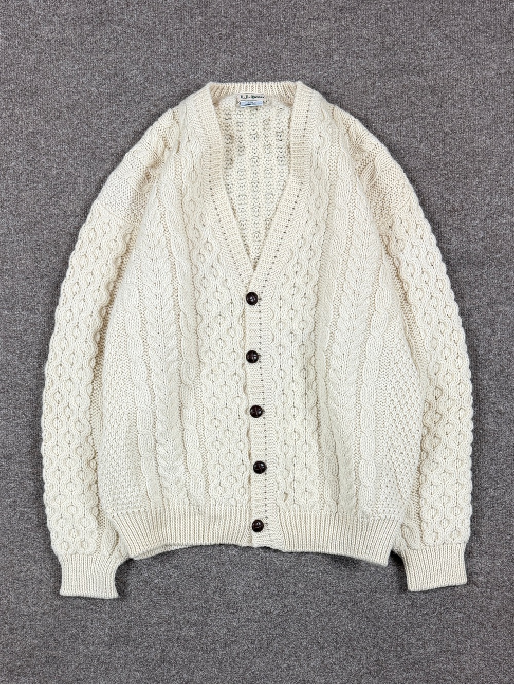 Vintage LL Bean Cream Cableknit Fisherman V-Neck Cardigan Sweater Men XL Ireland